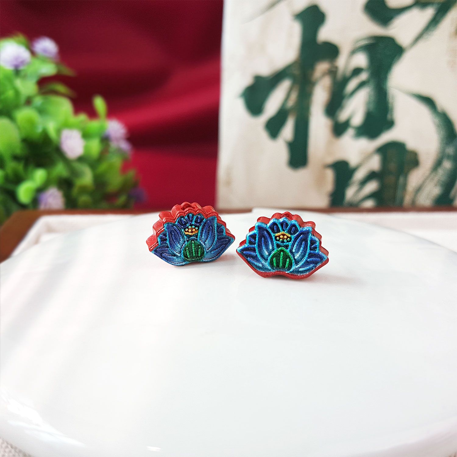 9X13mm Cinnabar Stone Painted Lotus Charm 