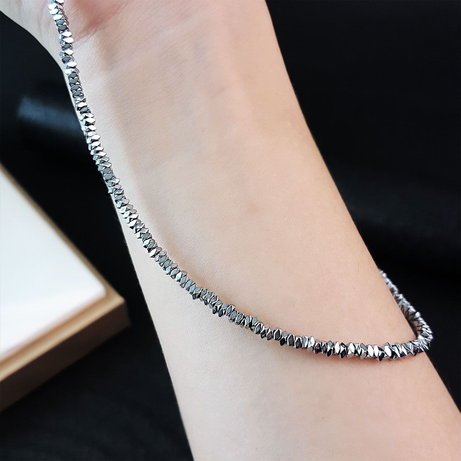 2mm 赤铁矿叠珠角度项链 -银色