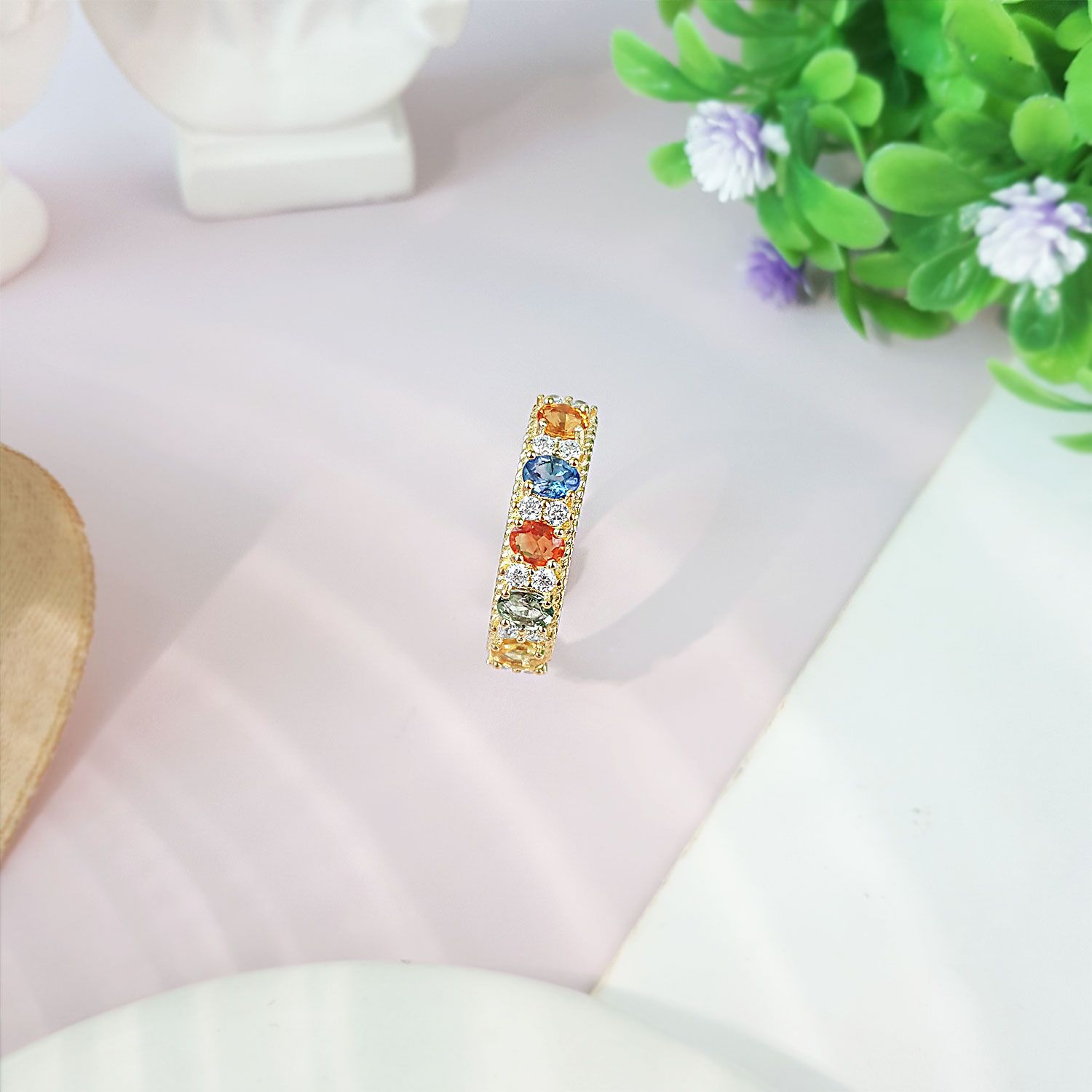 多色宝石优雅镀白金/金戒指