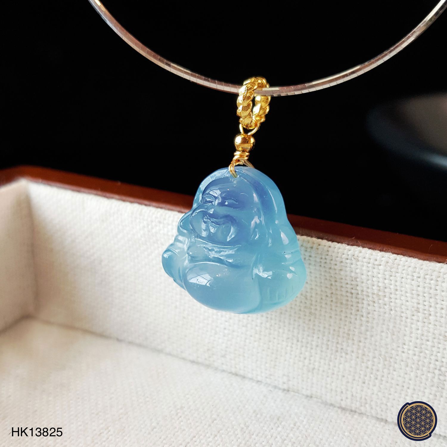 17mm x 25mm 海蓝宝弥勒佛吊坠 -金框