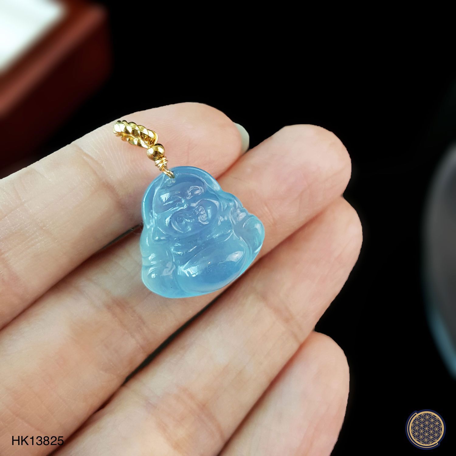 17mm x 25mm 海蓝宝弥勒佛吊坠 -金框