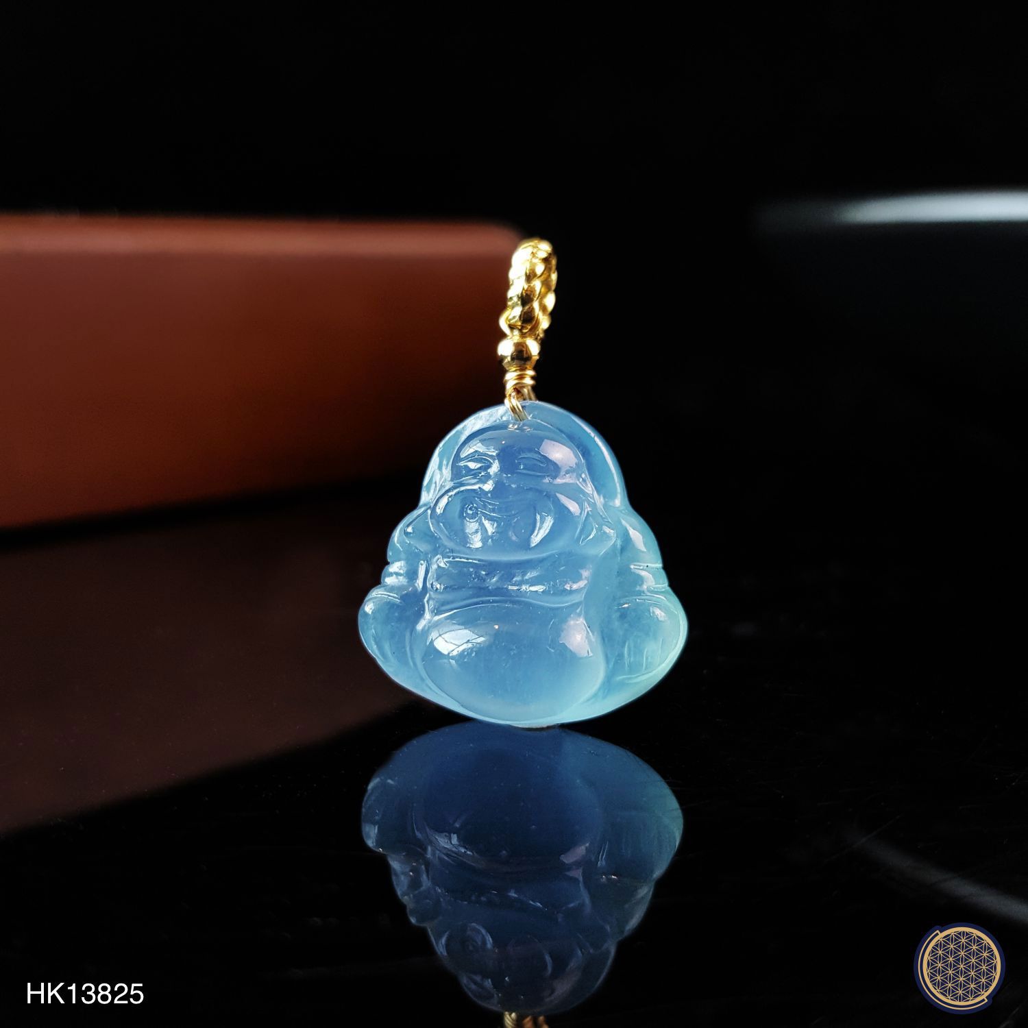 17mm x 25mm 海蓝宝弥勒佛吊坠 -金框