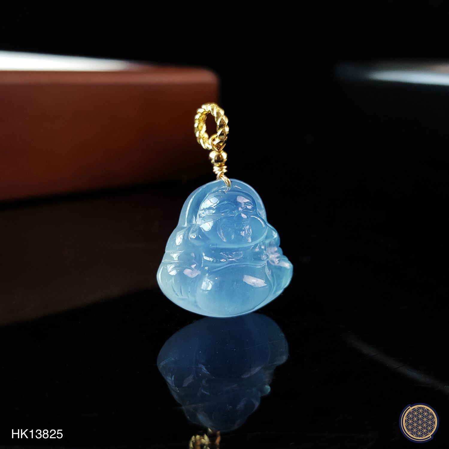 17mm x 25mm 海蓝宝弥勒佛吊坠 -金框