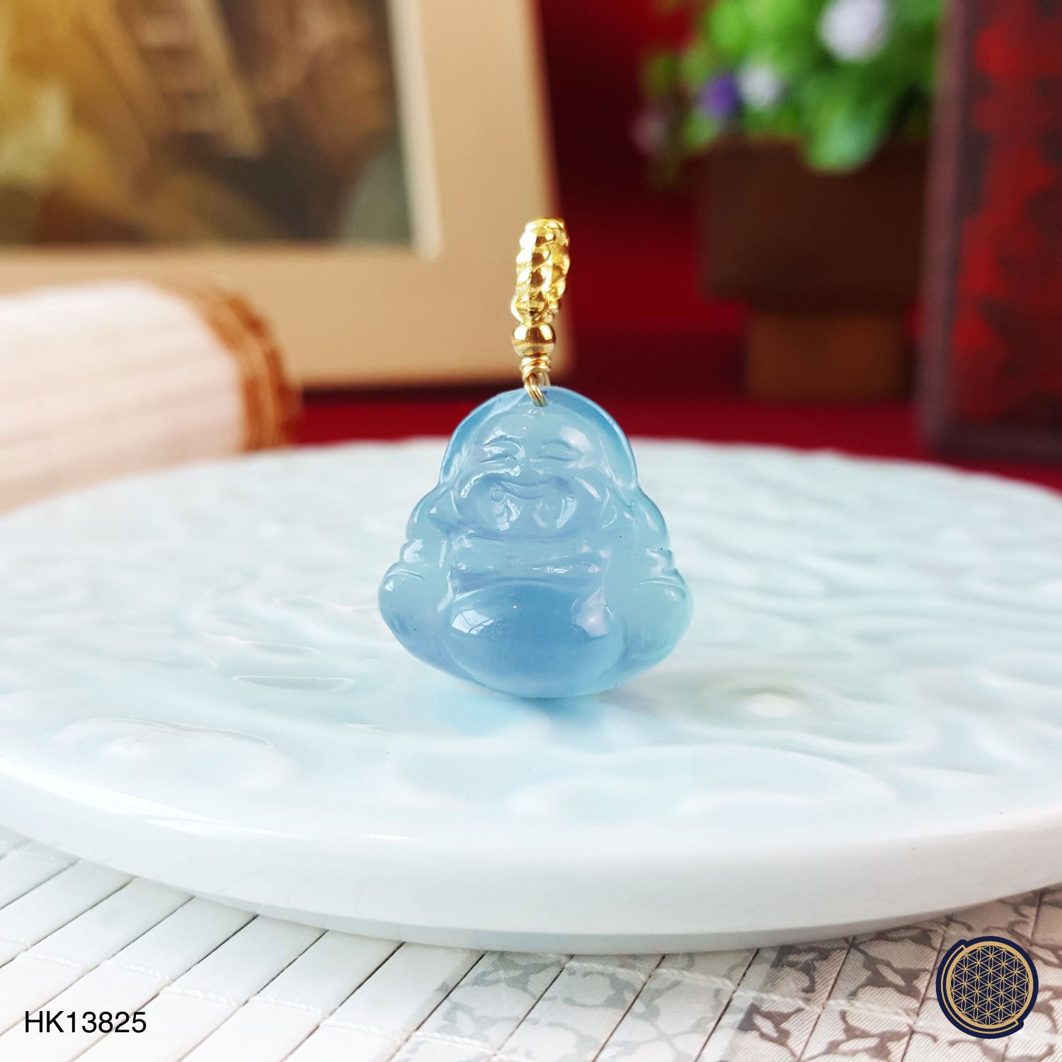 17mm x 25mm 海蓝宝弥勒佛吊坠 -金框