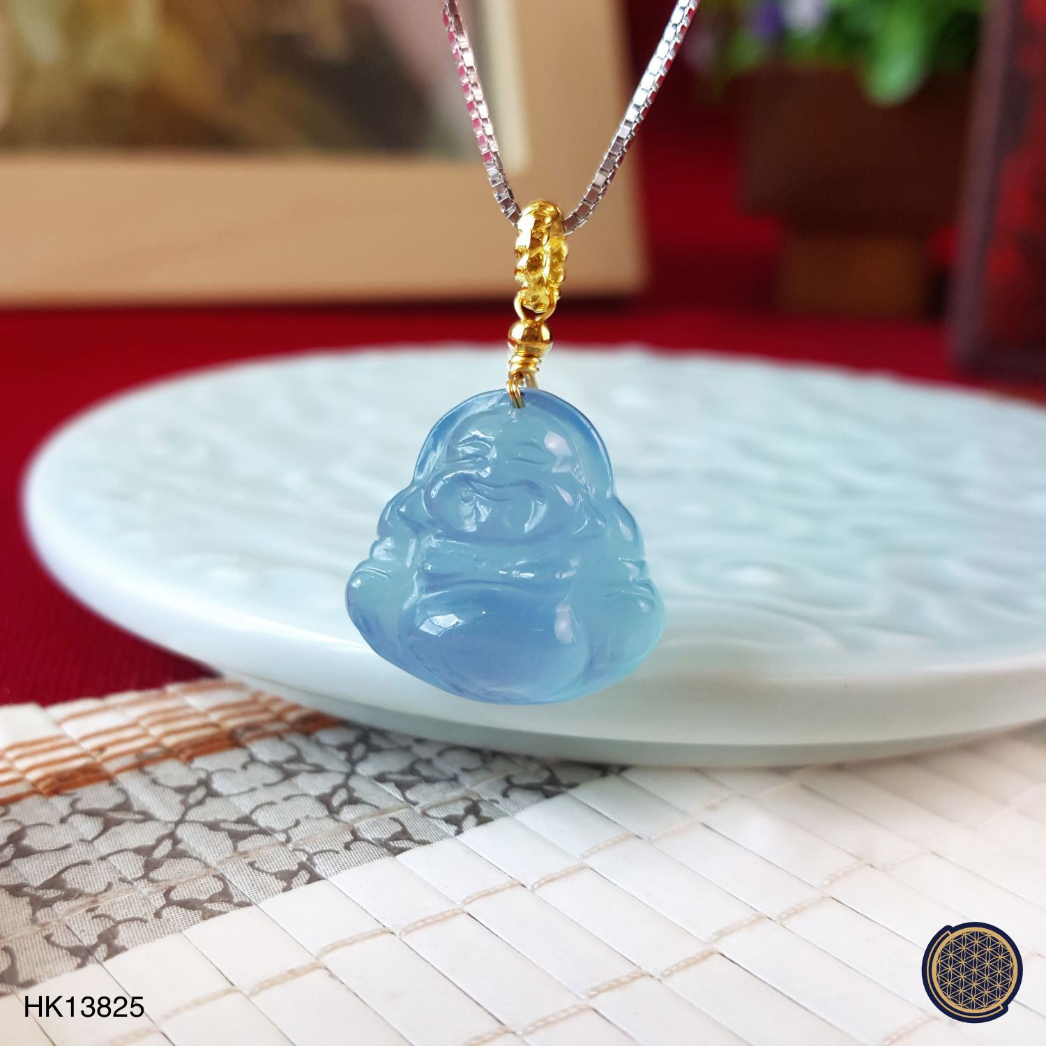17mm x 25mm 海蓝宝弥勒佛吊坠 -金框