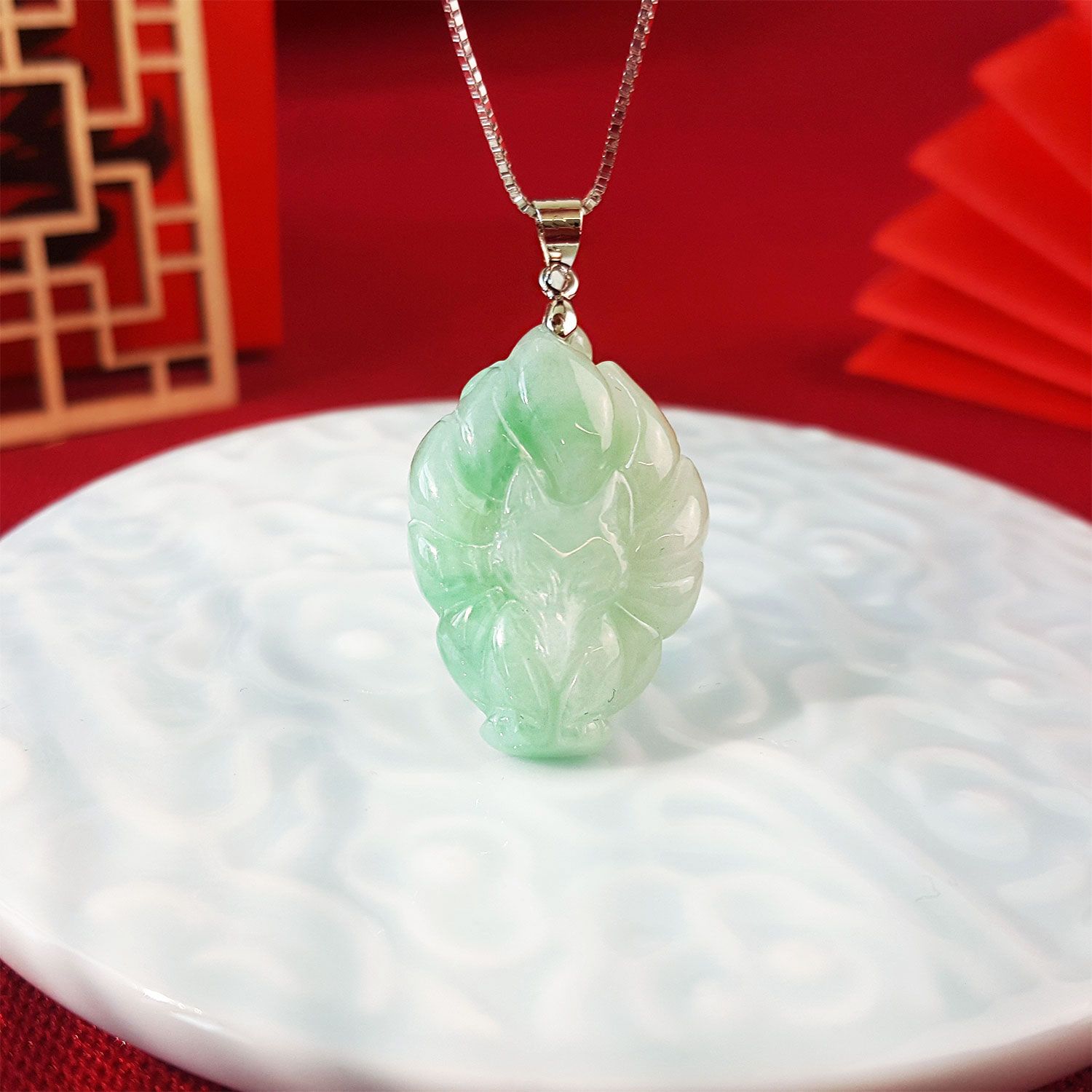 19X28mm Jade Stone Nine Tail Fox Pendant (925) 