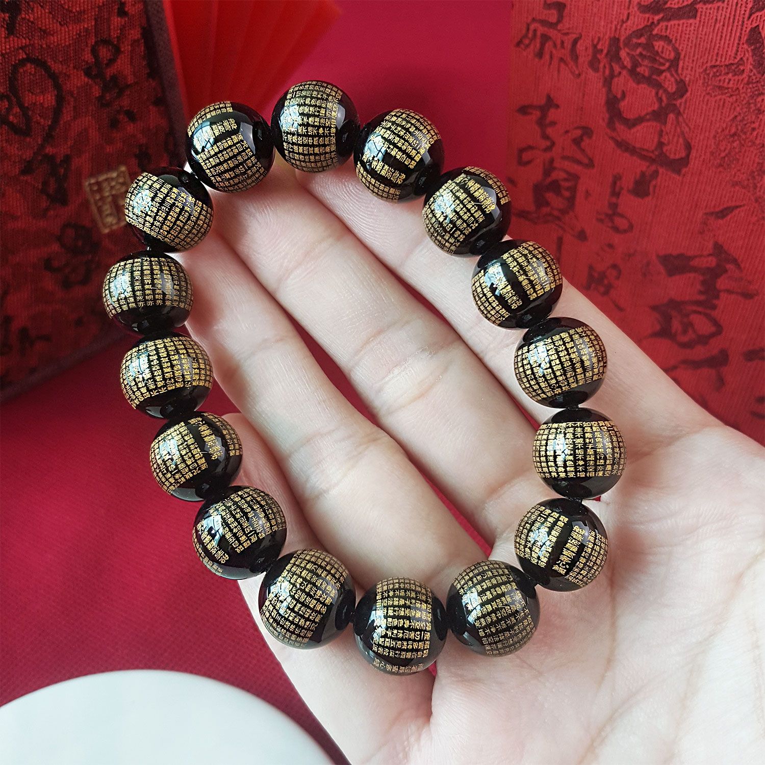 12mm 黑曜石金字波罗蜜心经手链