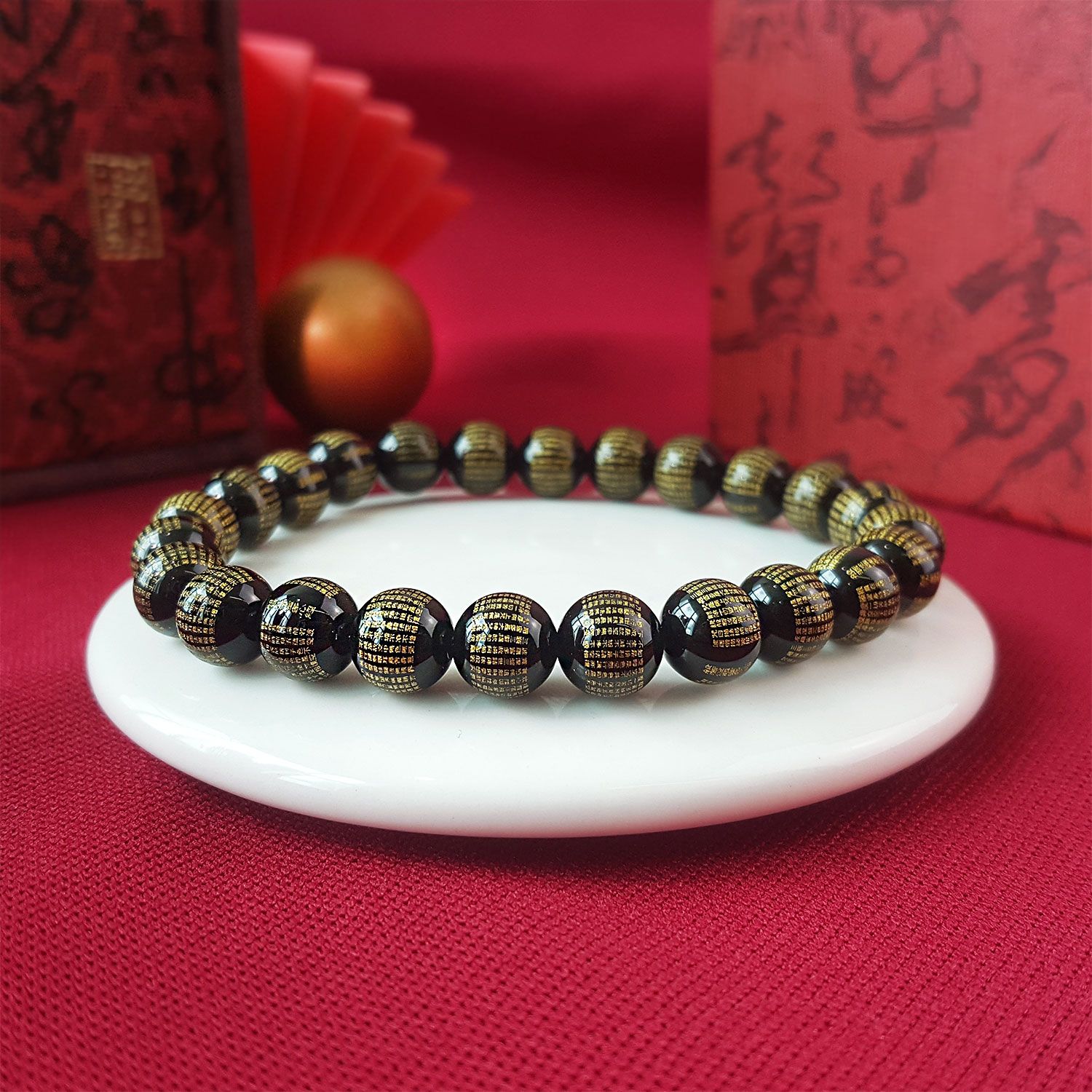 8mm 黑玛瑙金字波罗蜜心经手链