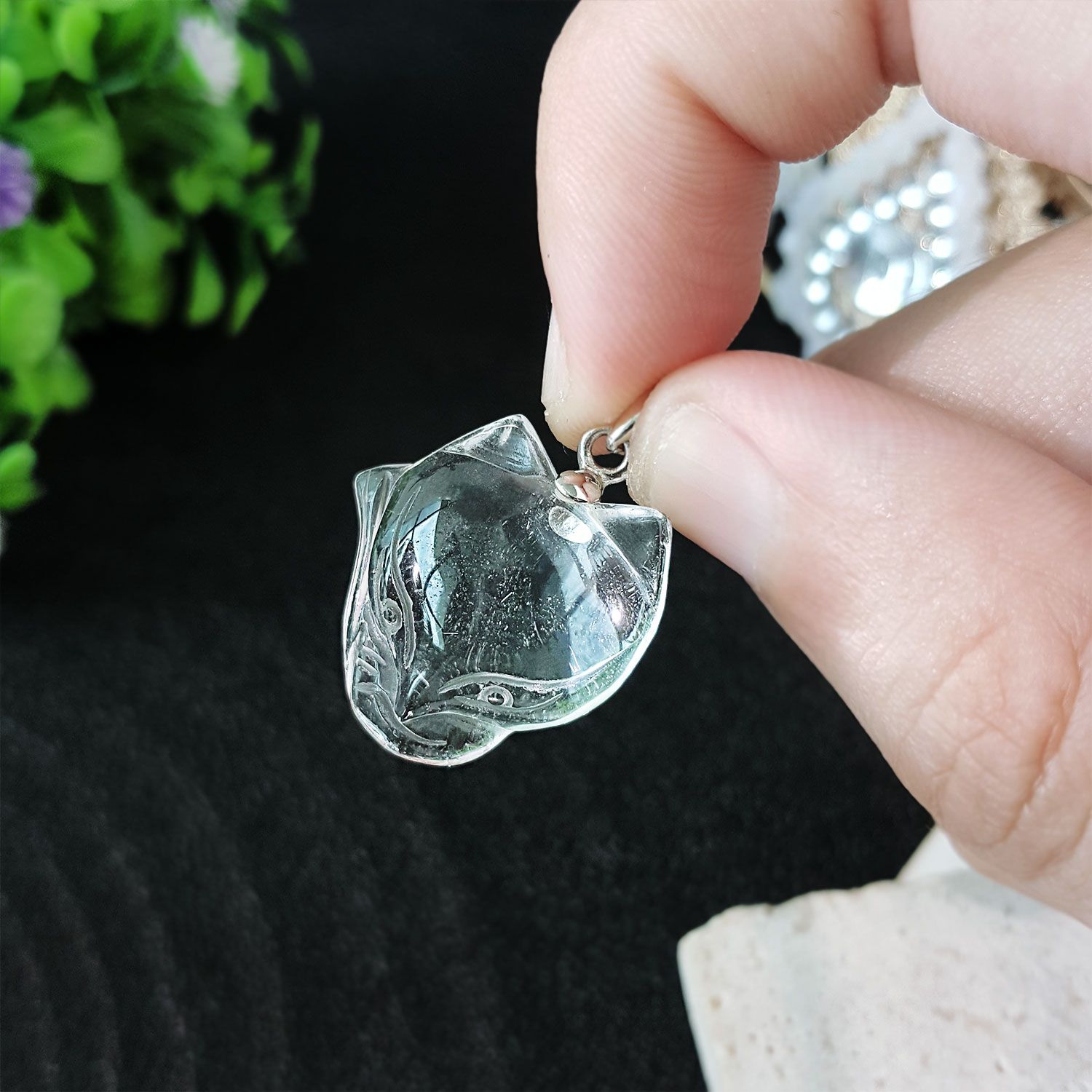 20X21mm 白水晶大头狐仙吊坠 (925镶嵌)