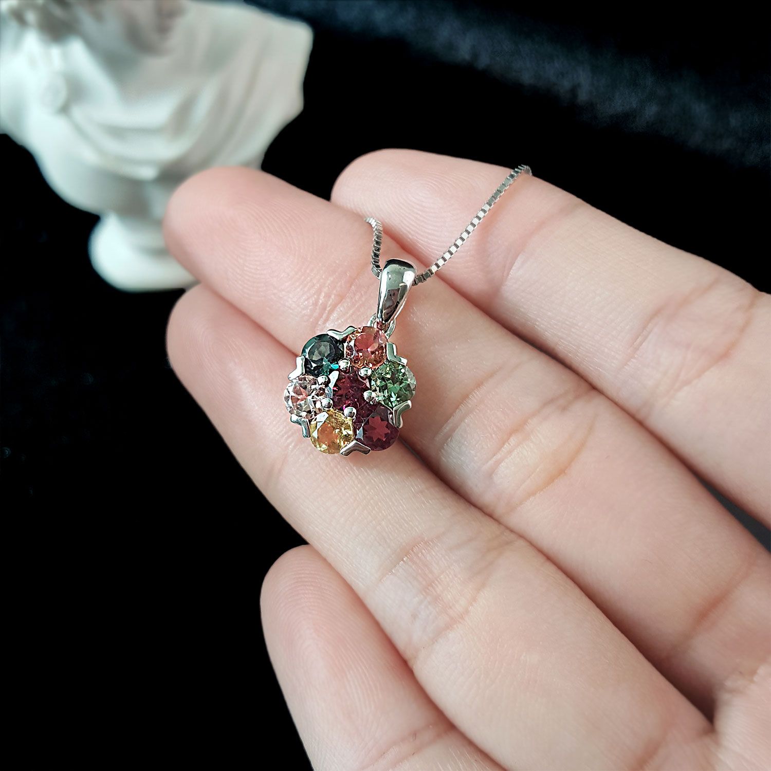 高级彩碧玺小花纯银吊坠