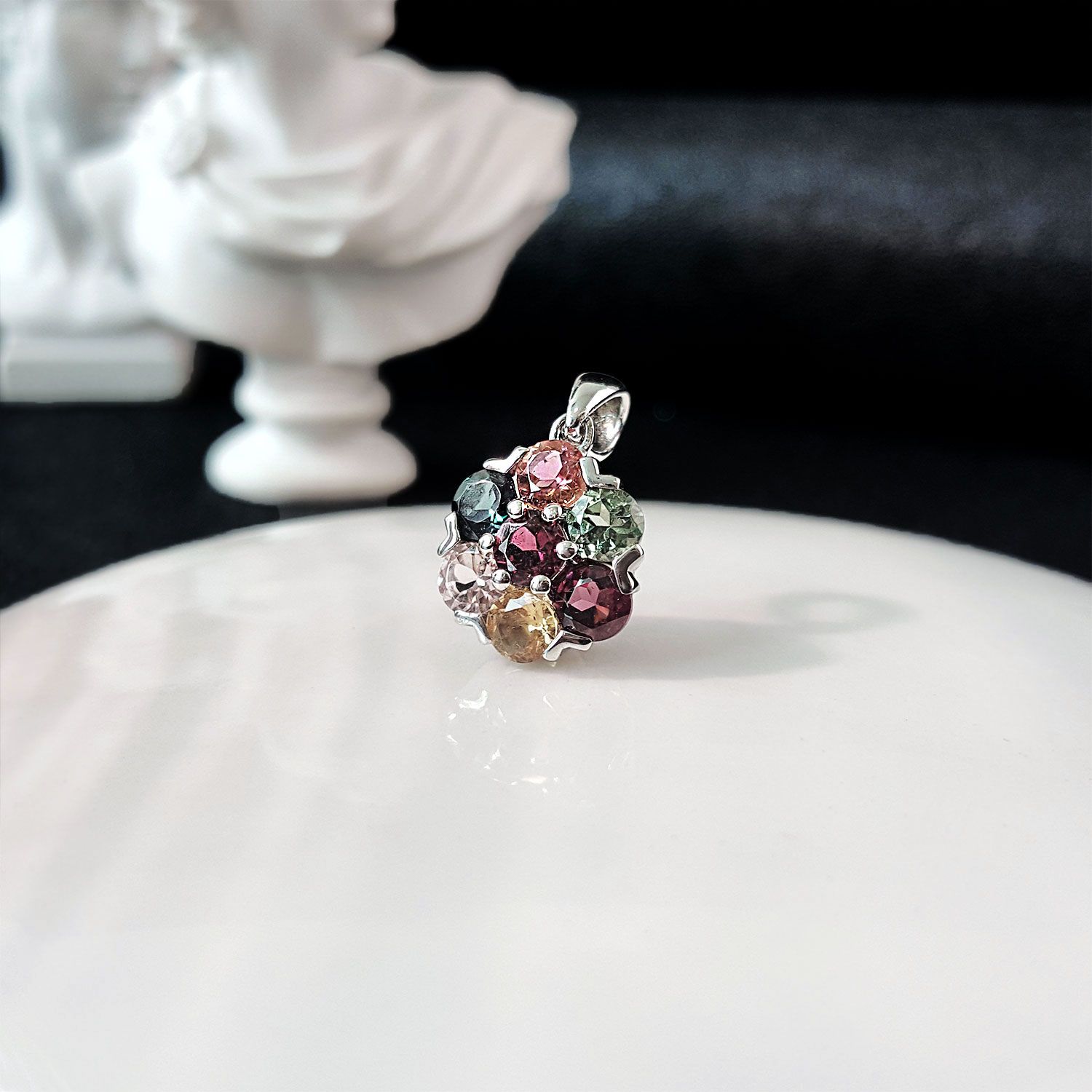 高级彩碧玺小花纯银吊坠