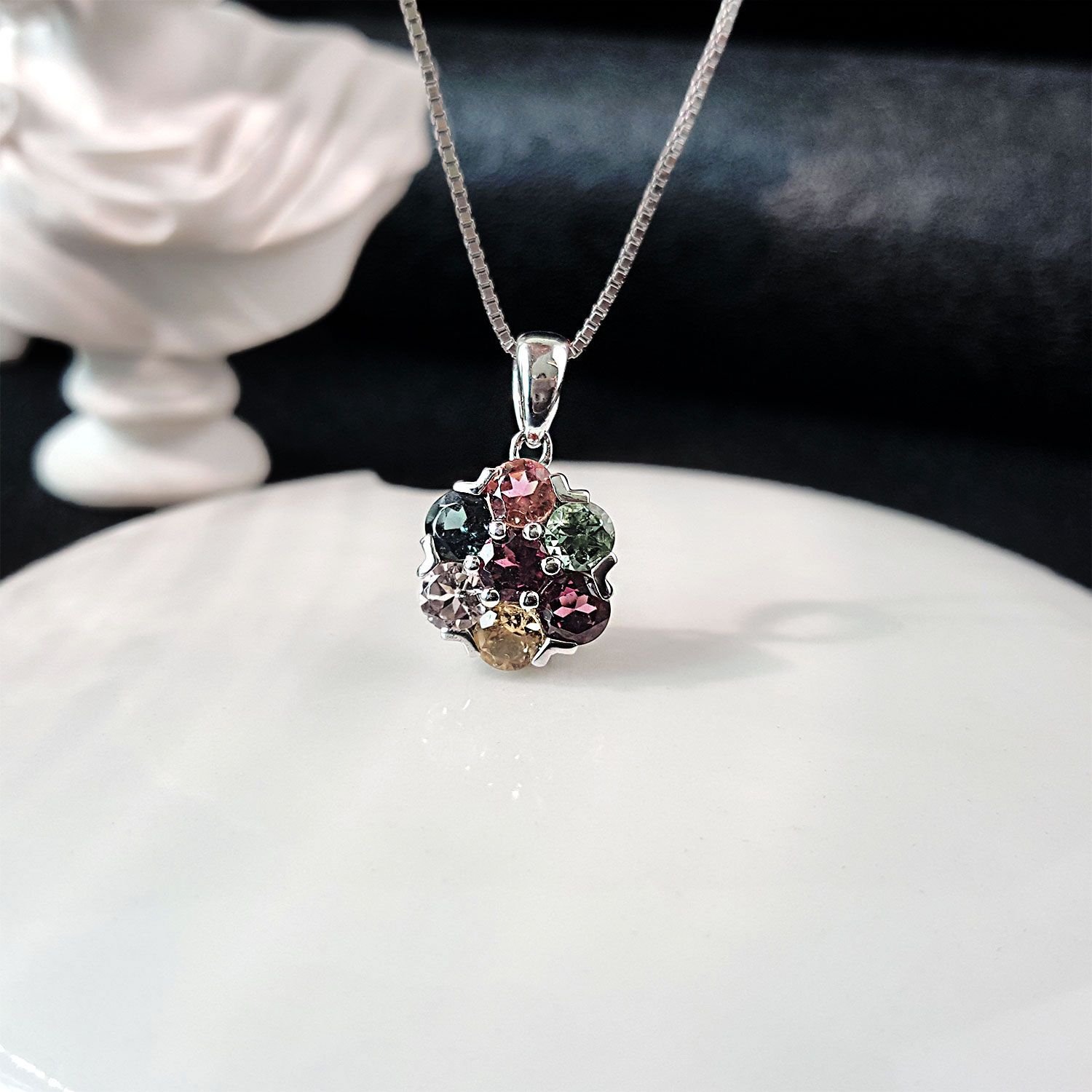 高级彩碧玺小花纯银吊坠