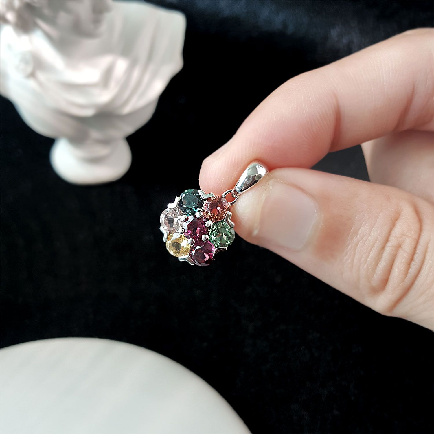 高级彩碧玺小花纯银吊坠