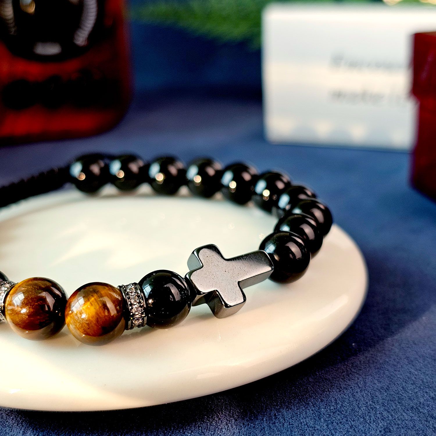 8mm Black Obsidian With Cross Design Plait Bracelet