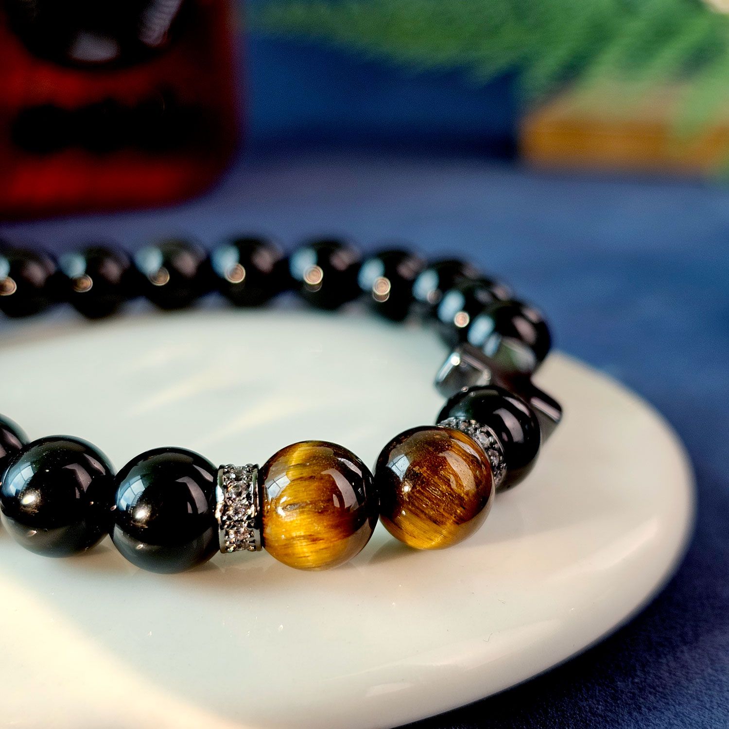 8mm Black Obsidian With Cross Design Plait Bracelet