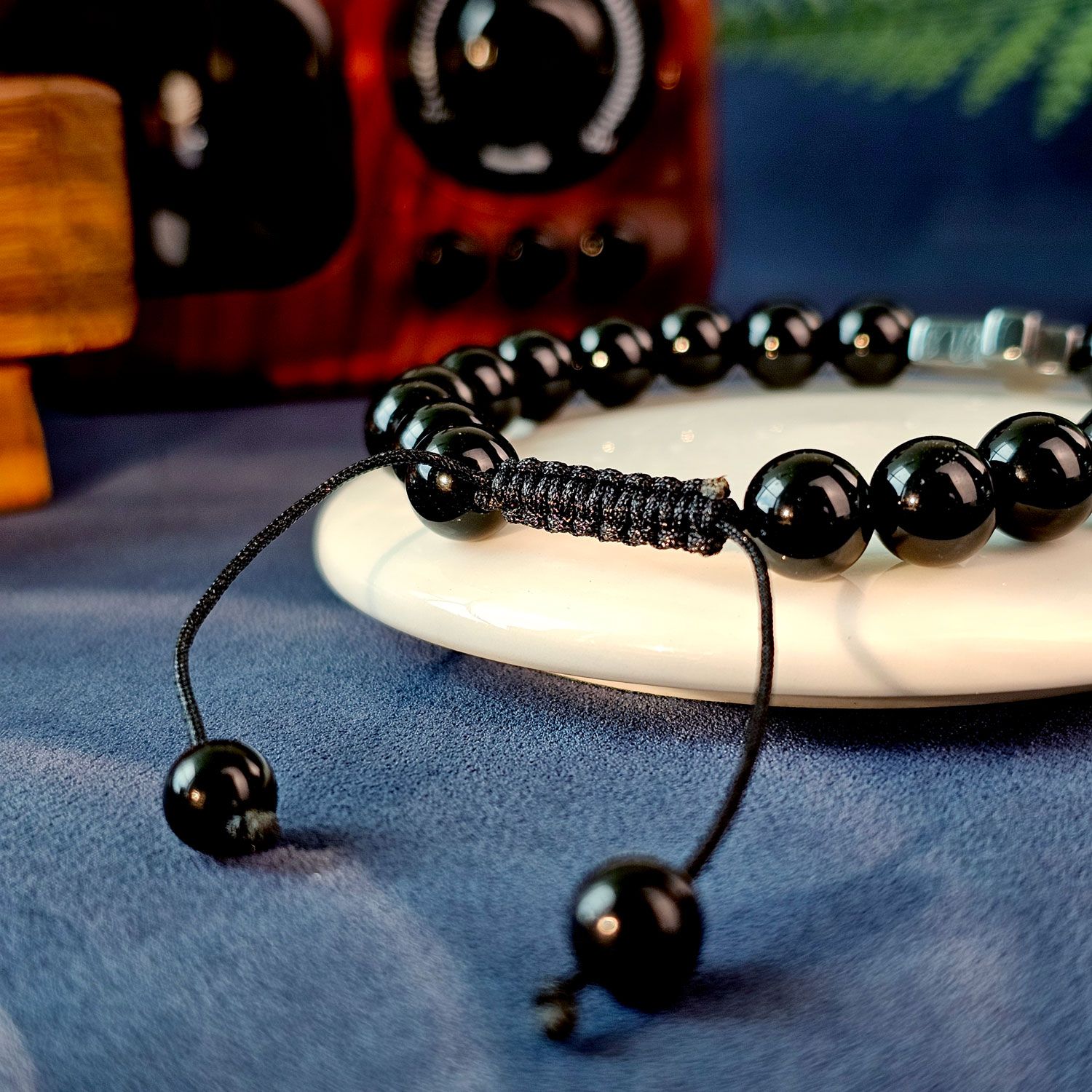 8mm Black Obsidian With Cross Design Plait Bracelet