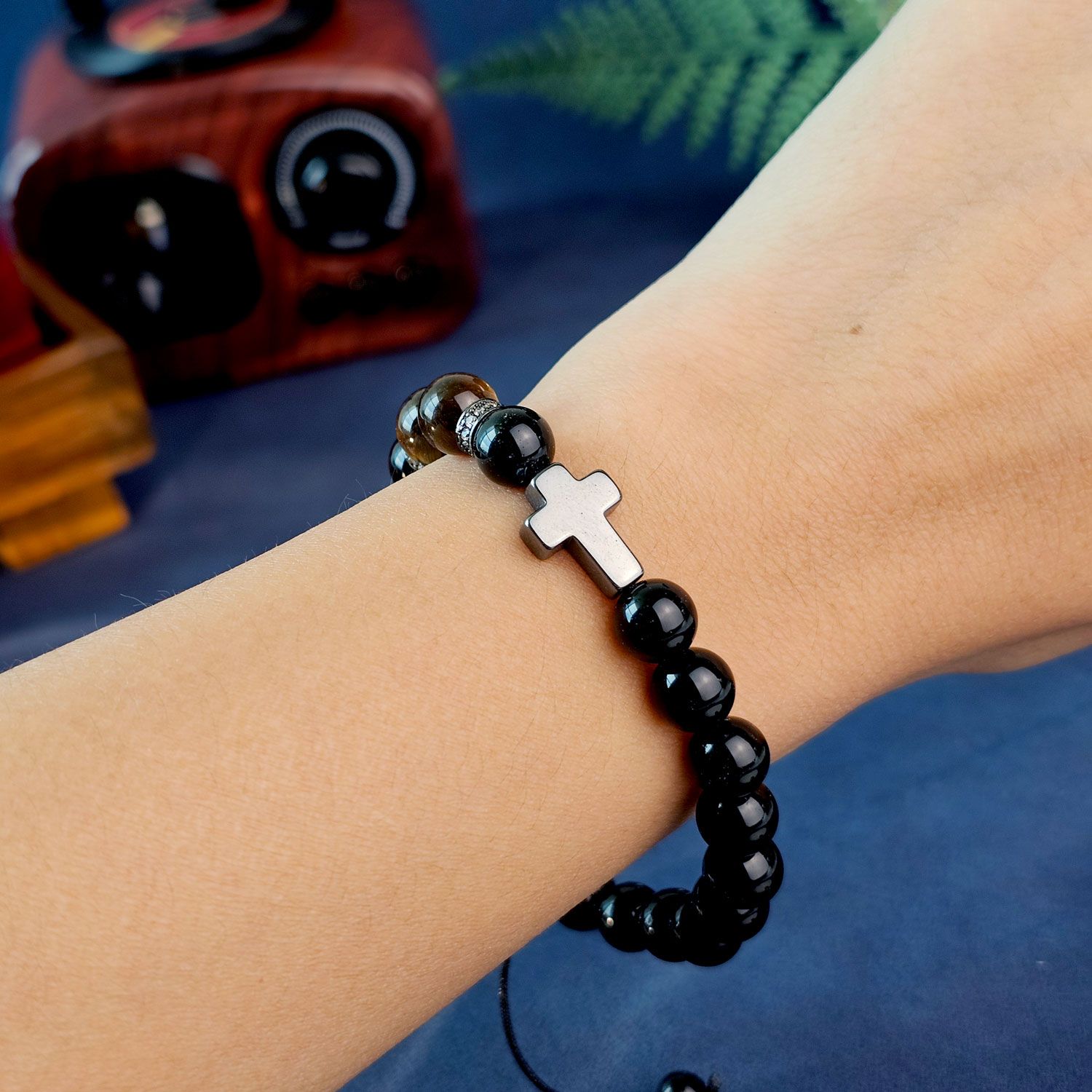 8mm 黑曜石十字设计款编织手链