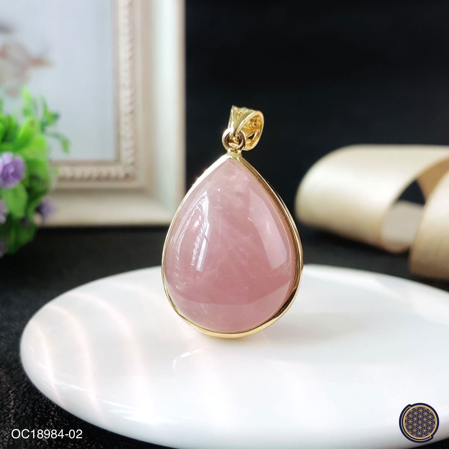 21mm x 36mm 马达加斯加粉晶水滴形纯银镀金吊坠