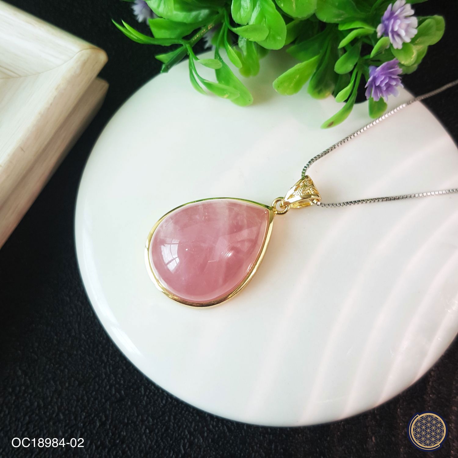 21mm x 36mm 马达加斯加粉晶水滴形纯银镀金吊坠