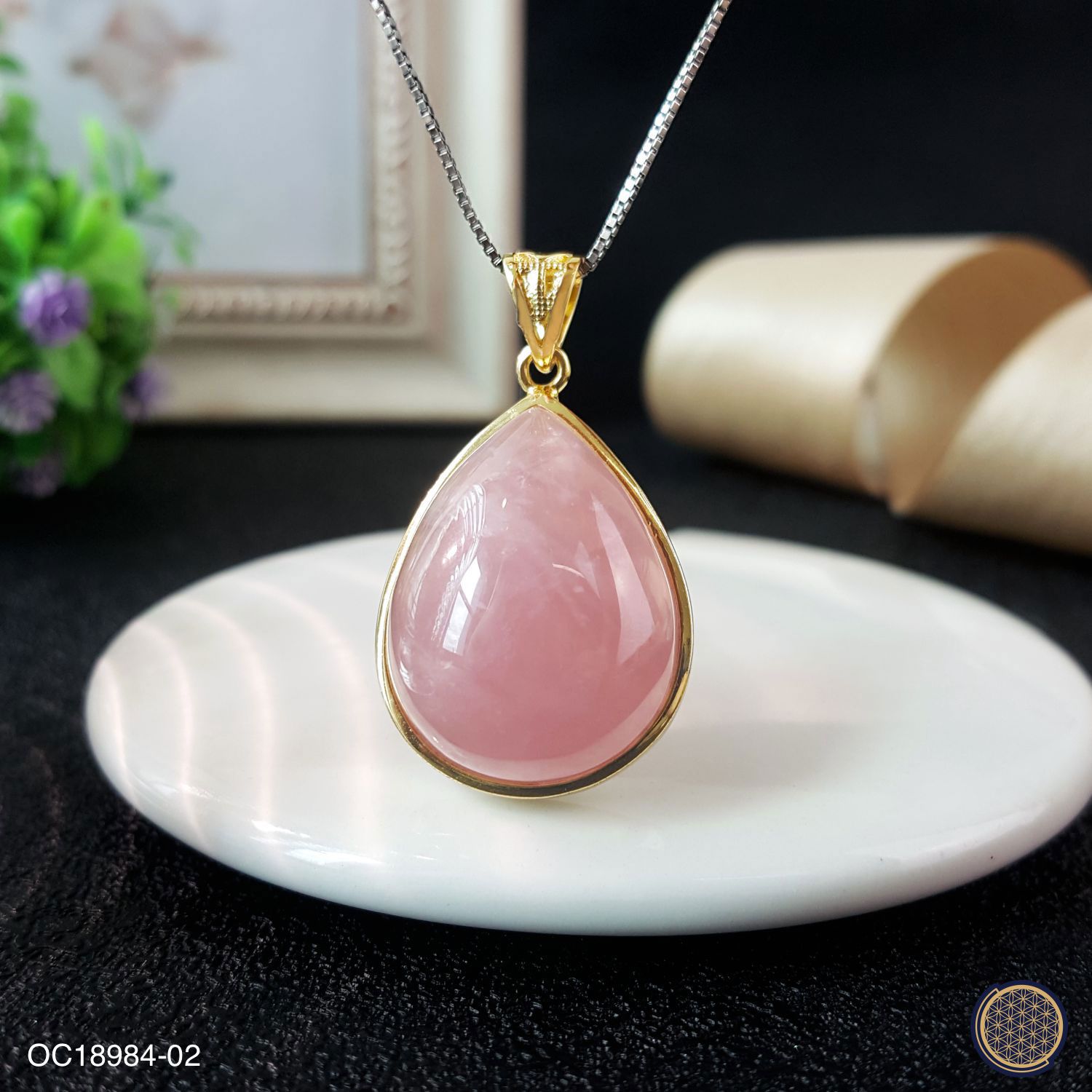 21mm x 36mm 马达加斯加粉晶水滴形纯银镀金吊坠