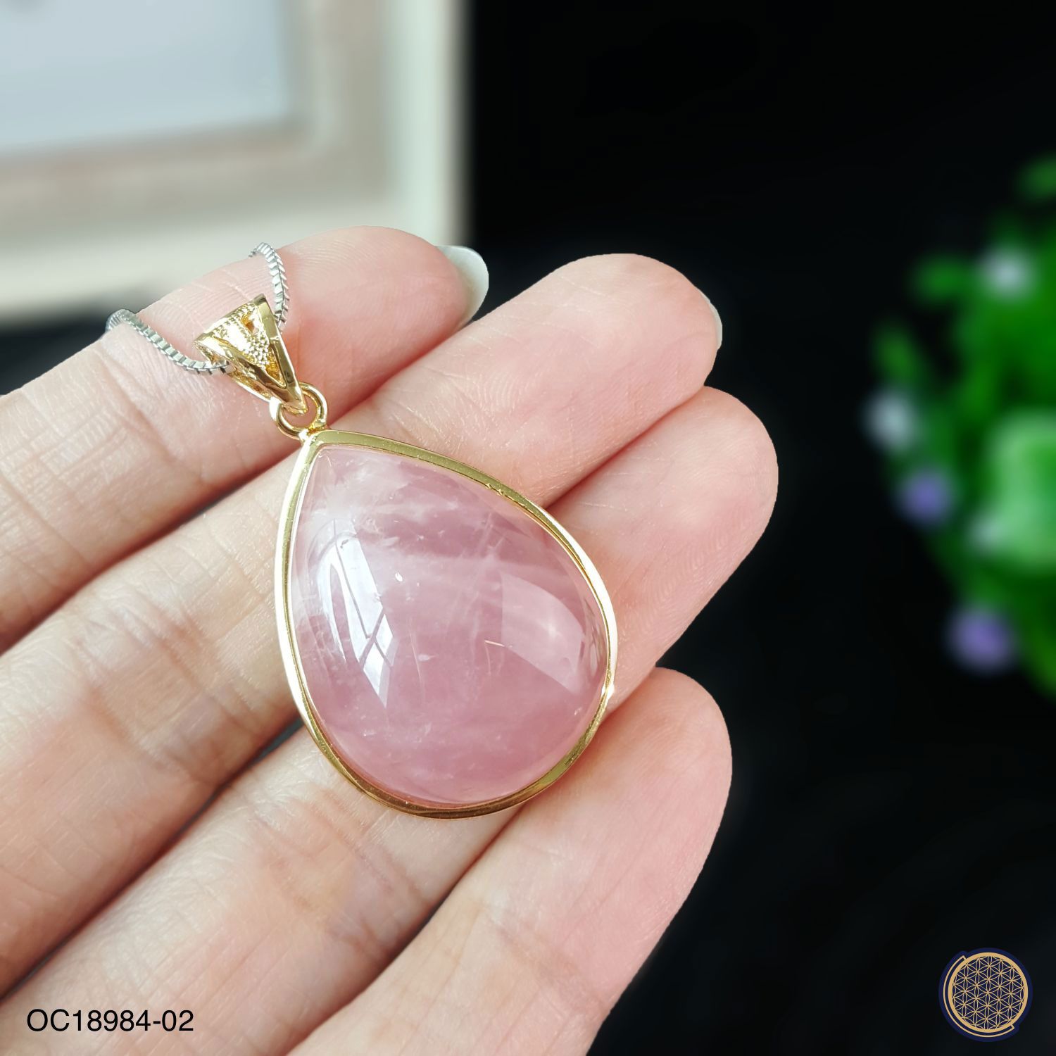 21mm x 36mm 马达加斯加粉晶水滴形纯银镀金吊坠