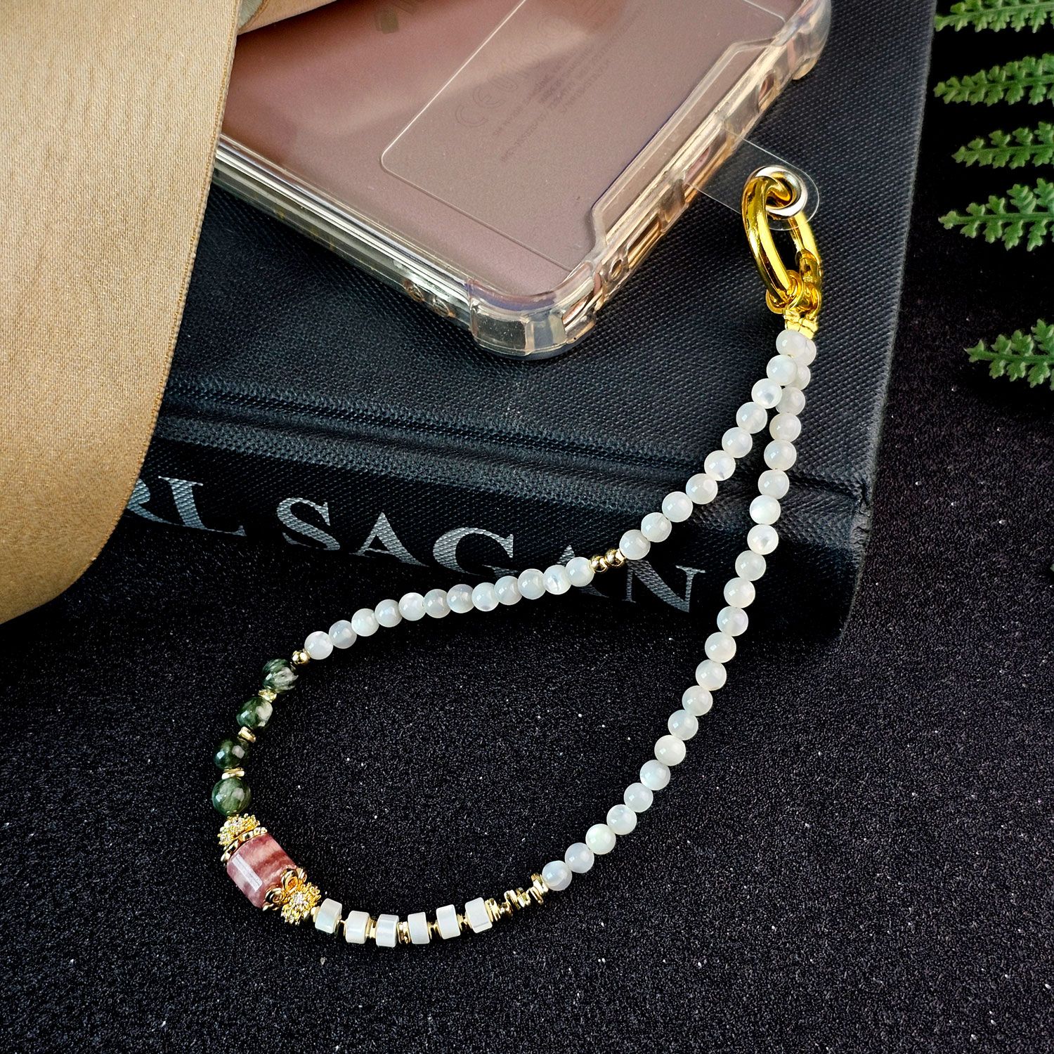 Rhodochrosite , Seraphinite And Shell Design Phone Hanger