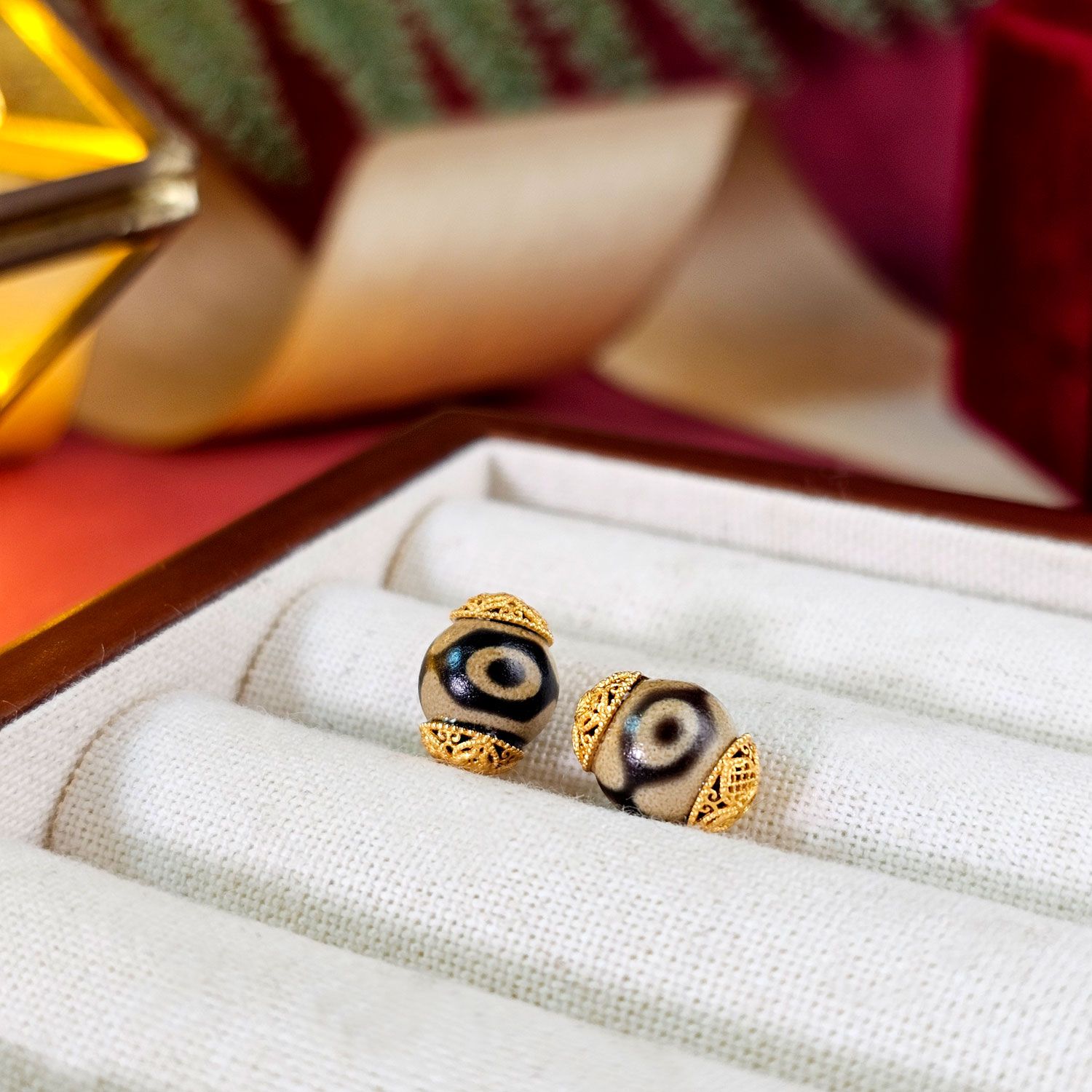 8X11mm Three Eye Dzi Bead Sterling Silver Charm Gold Plated 