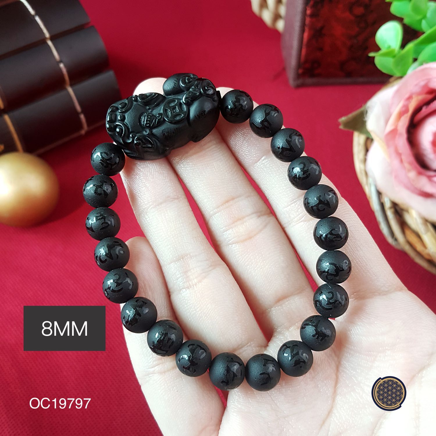 8mm 黑曜石磨砂六字真言搭配招财貔貅手链