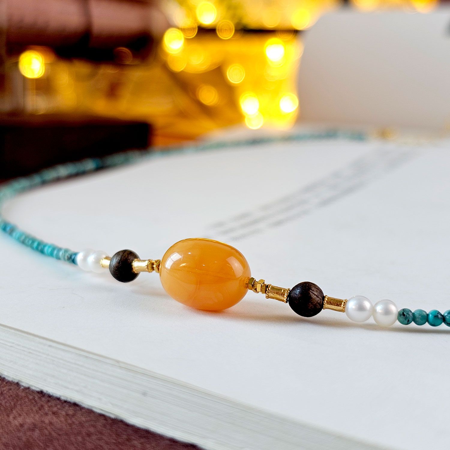 2mm 绿松石/土耳其石搭配蜜蜡设计款带扣项链