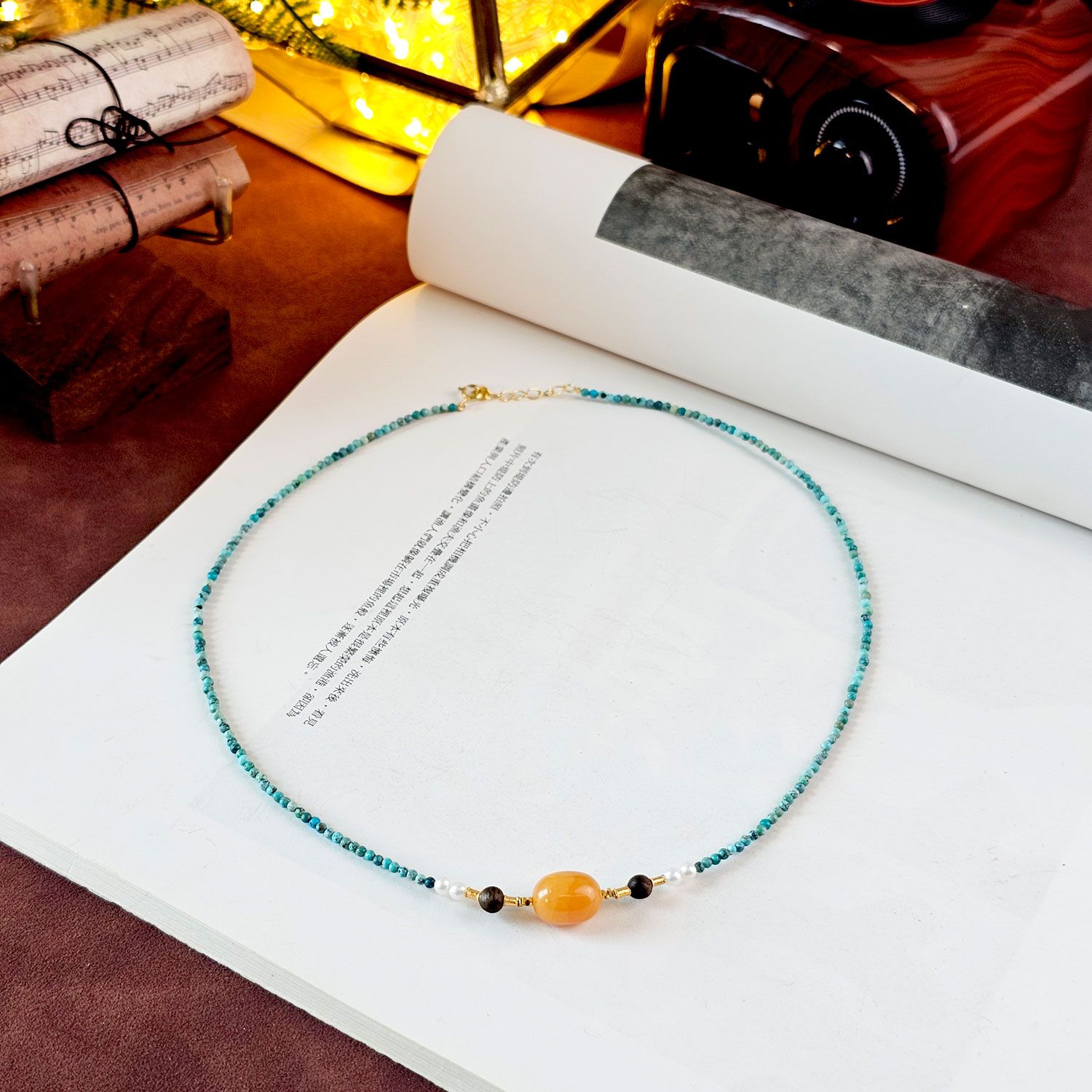 2mm 绿松石/土耳其石搭配蜜蜡设计款带扣项链