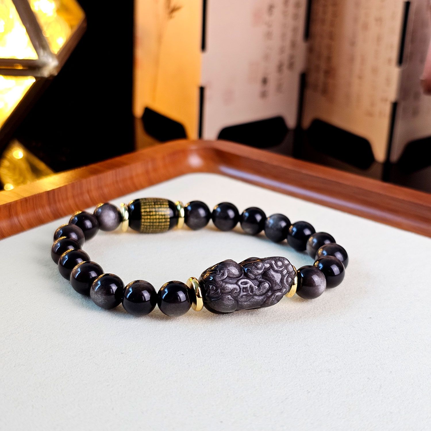 8mm 银曜石搭配波罗蜜心经与貔貅设计款手链