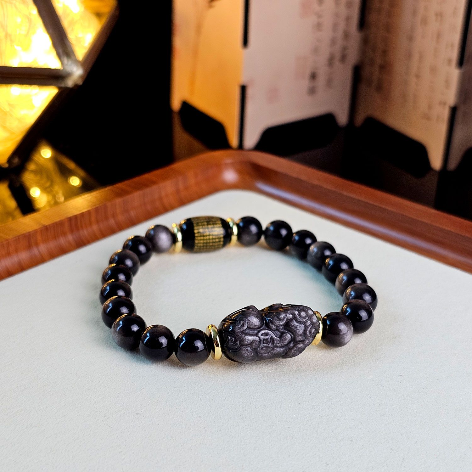 8mm 银曜石搭配波罗蜜心经与貔貅设计款手链