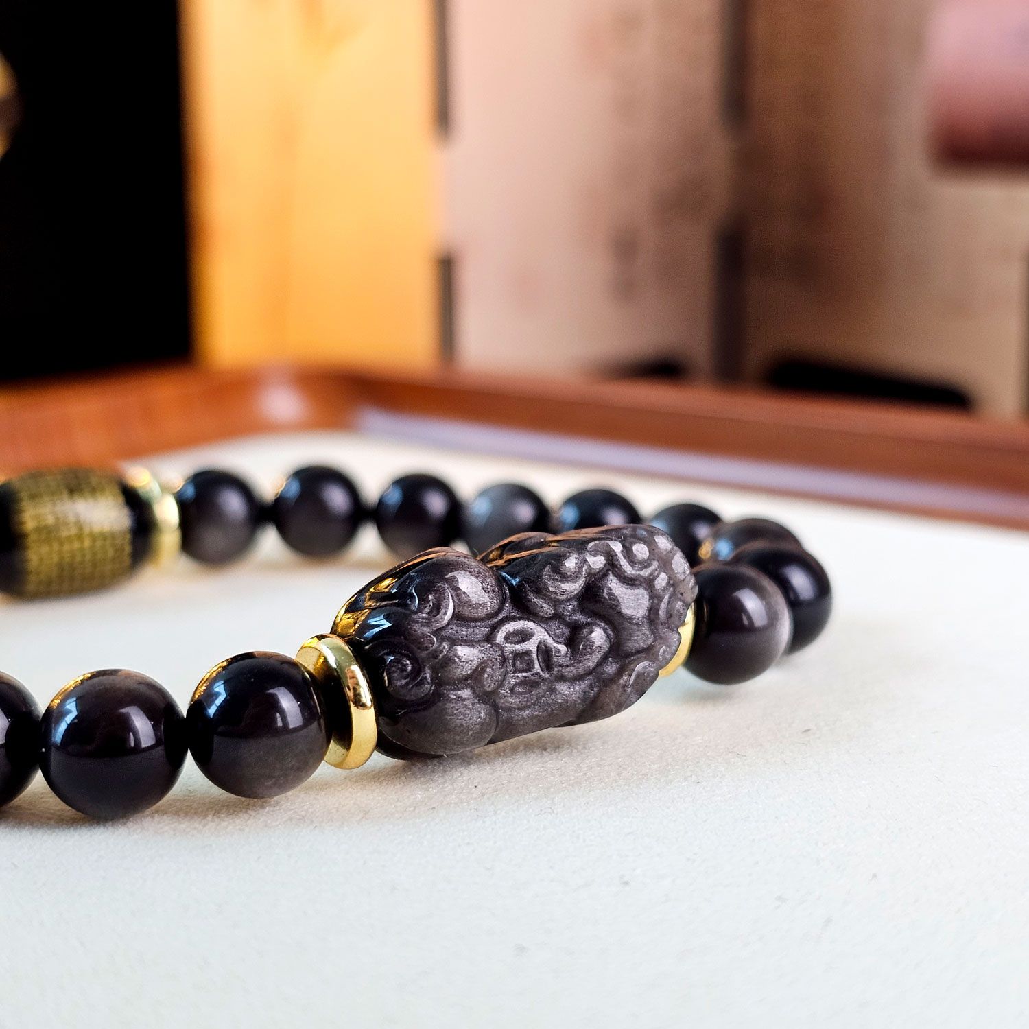 8mm 银曜石搭配波罗蜜心经与貔貅设计款手链