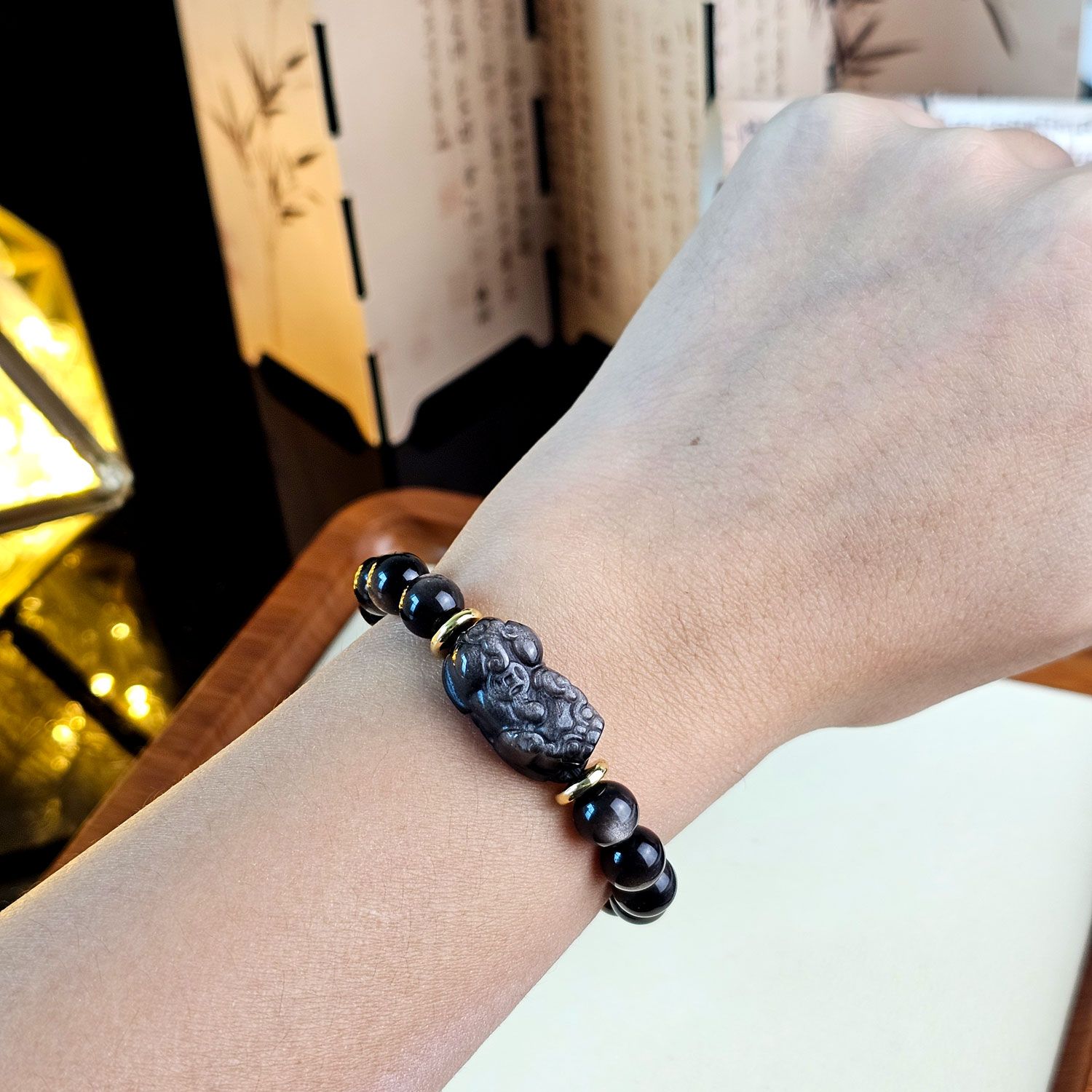 8mm 银曜石搭配波罗蜜心经与貔貅设计款手链