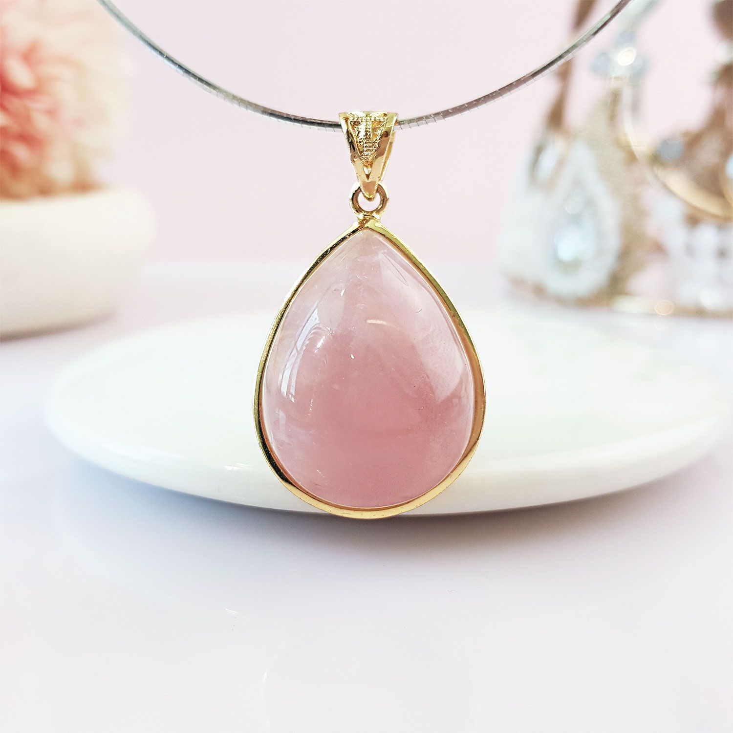 21mm x 36mm Madagascar Rose Quartz Water Drop Gold Plated  Pendant