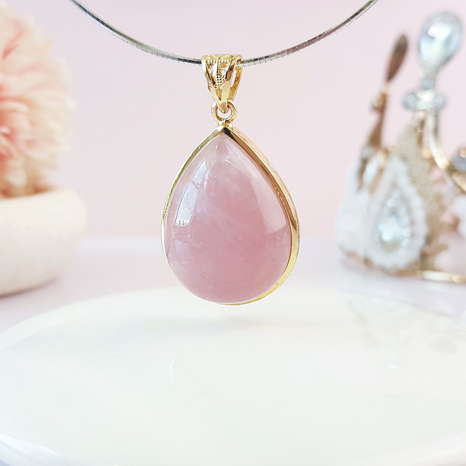 21mm x 36mm Madagascar Rose Quartz Water Drop Gold Plated  Pendant