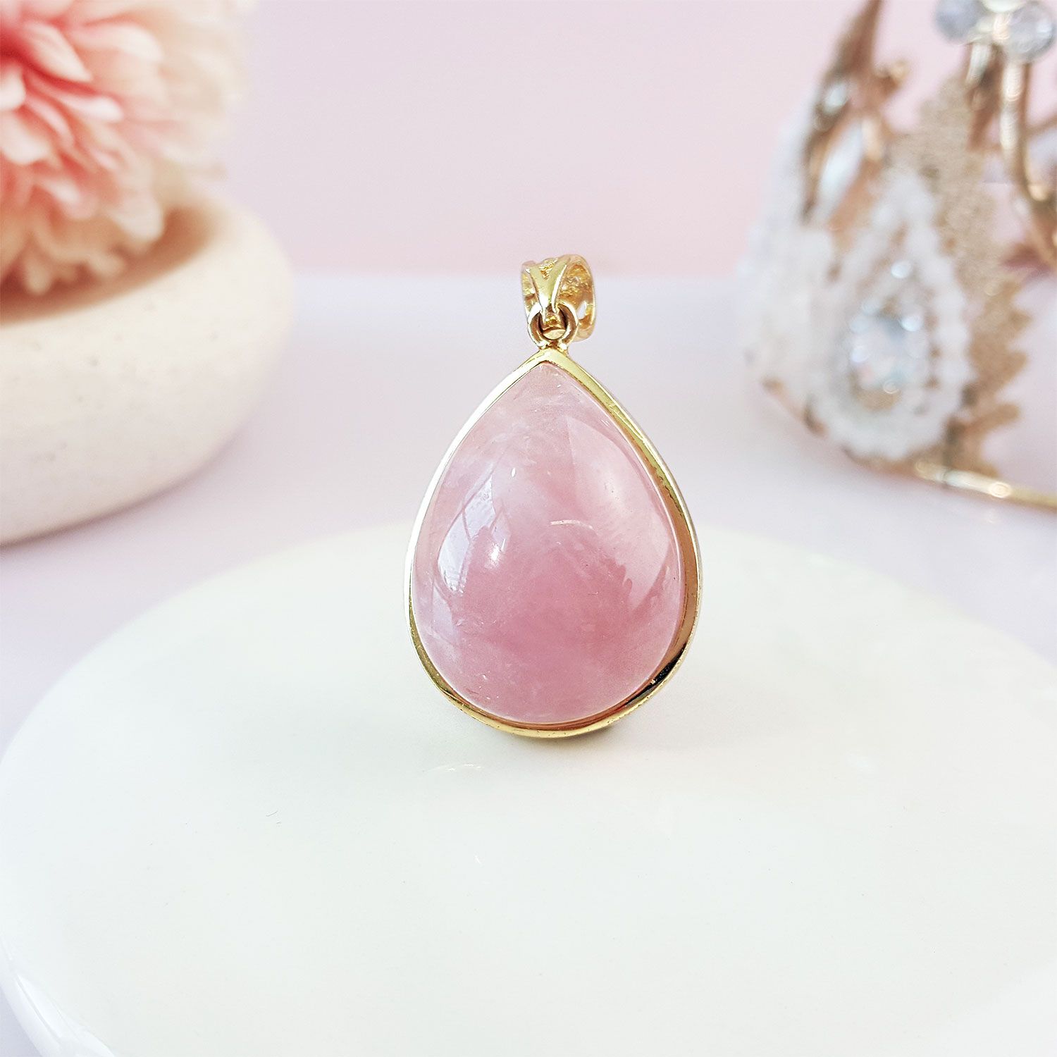 21mm x 36mm Madagascar Rose Quartz Water Drop Gold Plated  Pendant