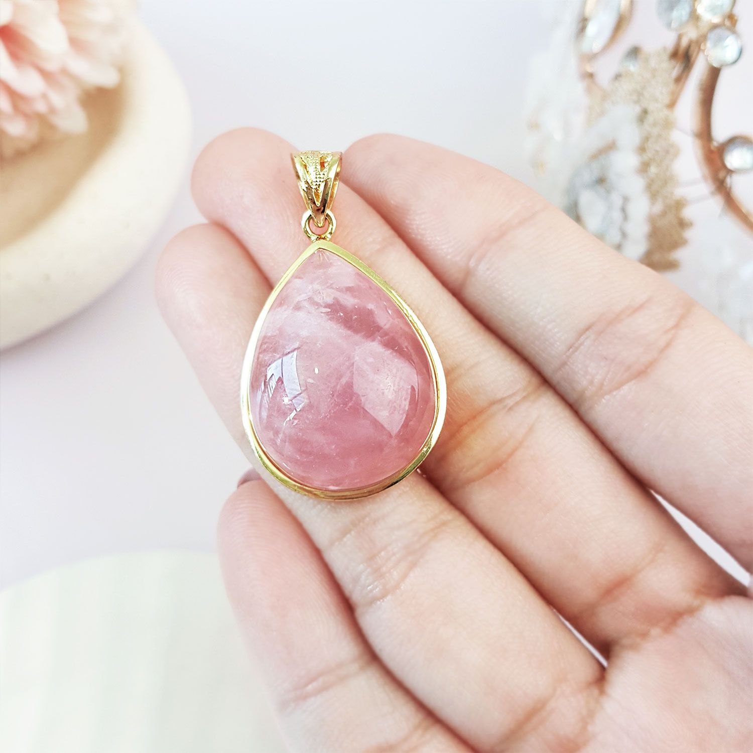 21mm x 36mm Madagascar Rose Quartz Water Drop Gold Plated  Pendant