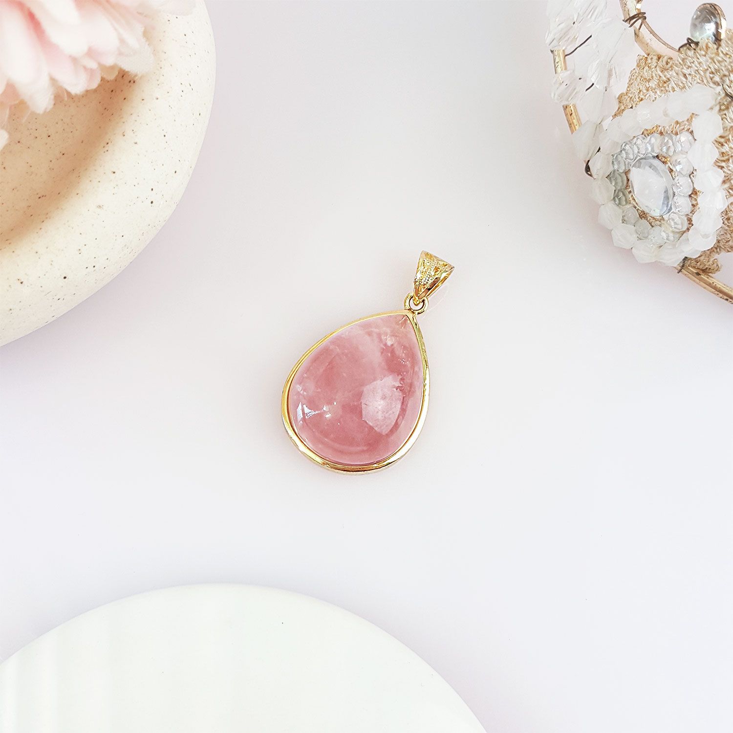 21mm x 36mm Madagascar Rose Quartz Water Drop Gold Plated  Pendant