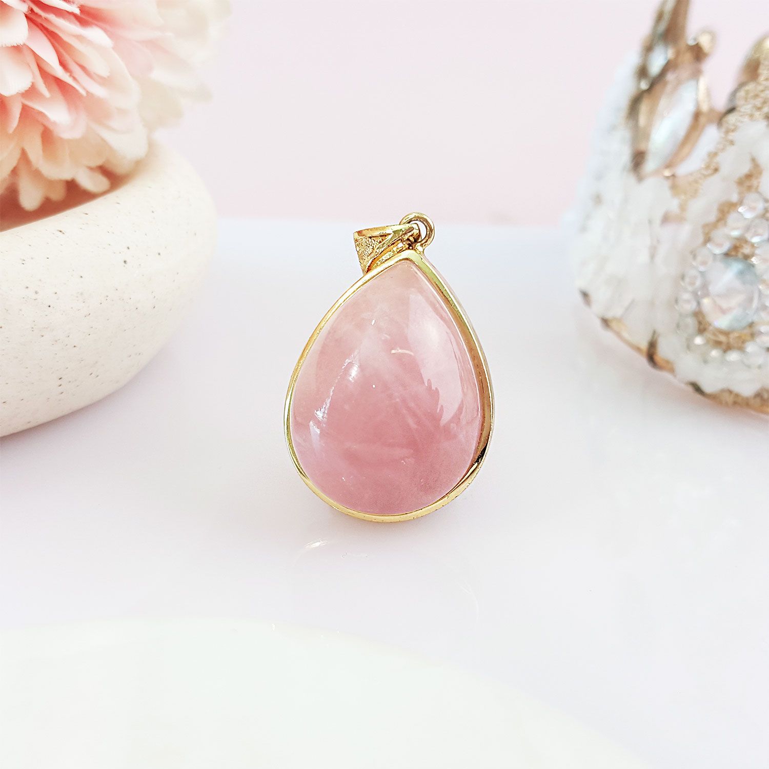 21mm x 36mm Madagascar Rose Quartz Water Drop Gold Plated  Pendant
