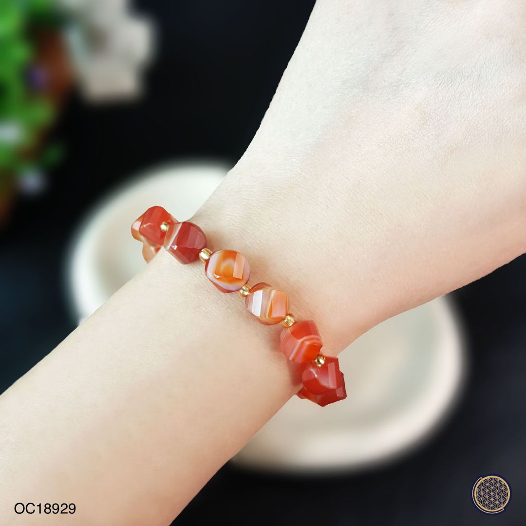 橙红玛瑙条纹多面切割手链