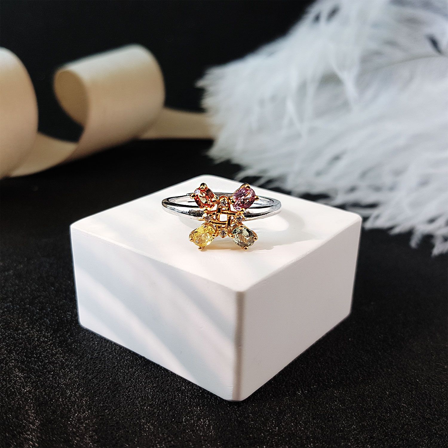 多色宝石优雅镀白金/金戒指