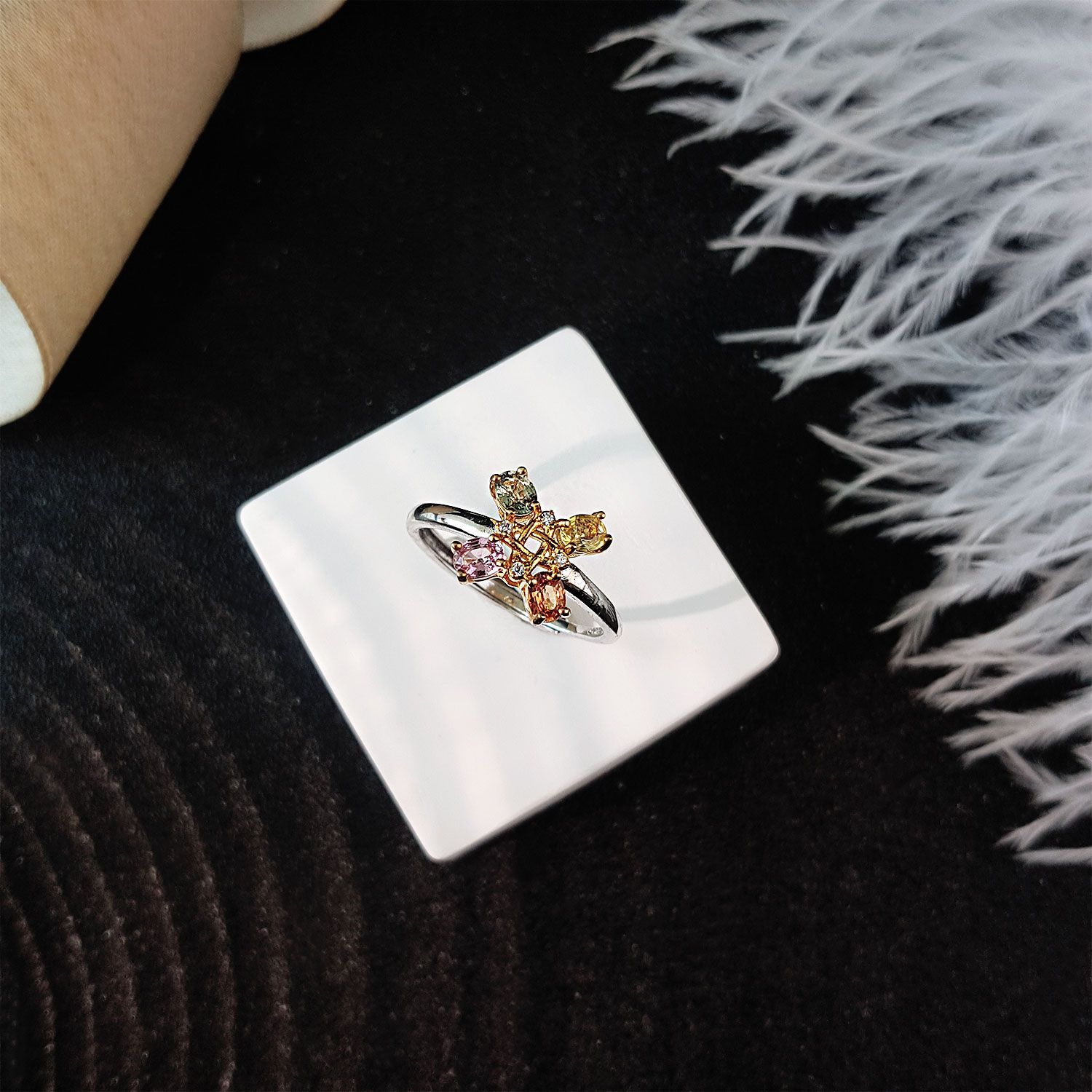 多色宝石优雅镀白金/金戒指