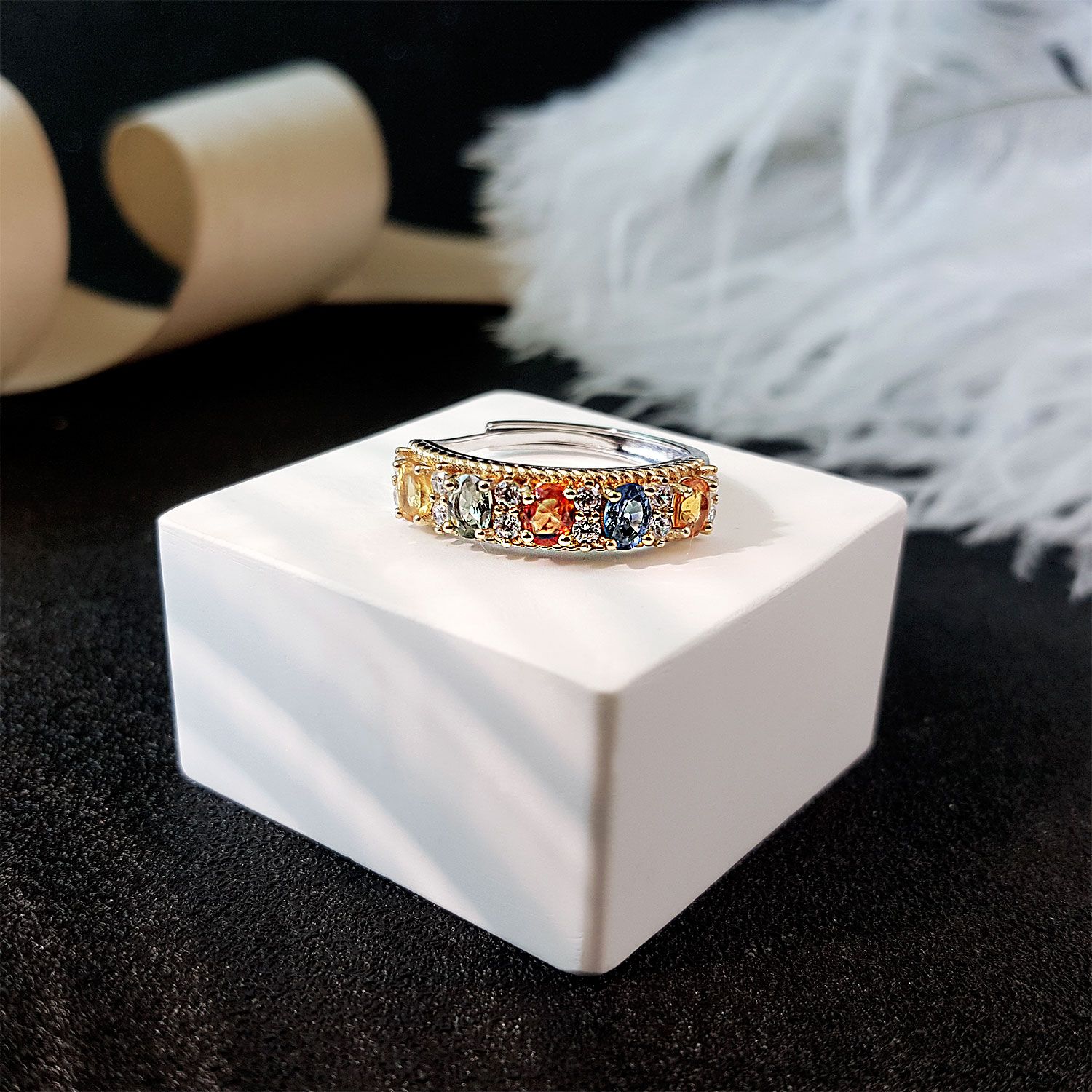 多色宝石优雅镀白金/金戒指