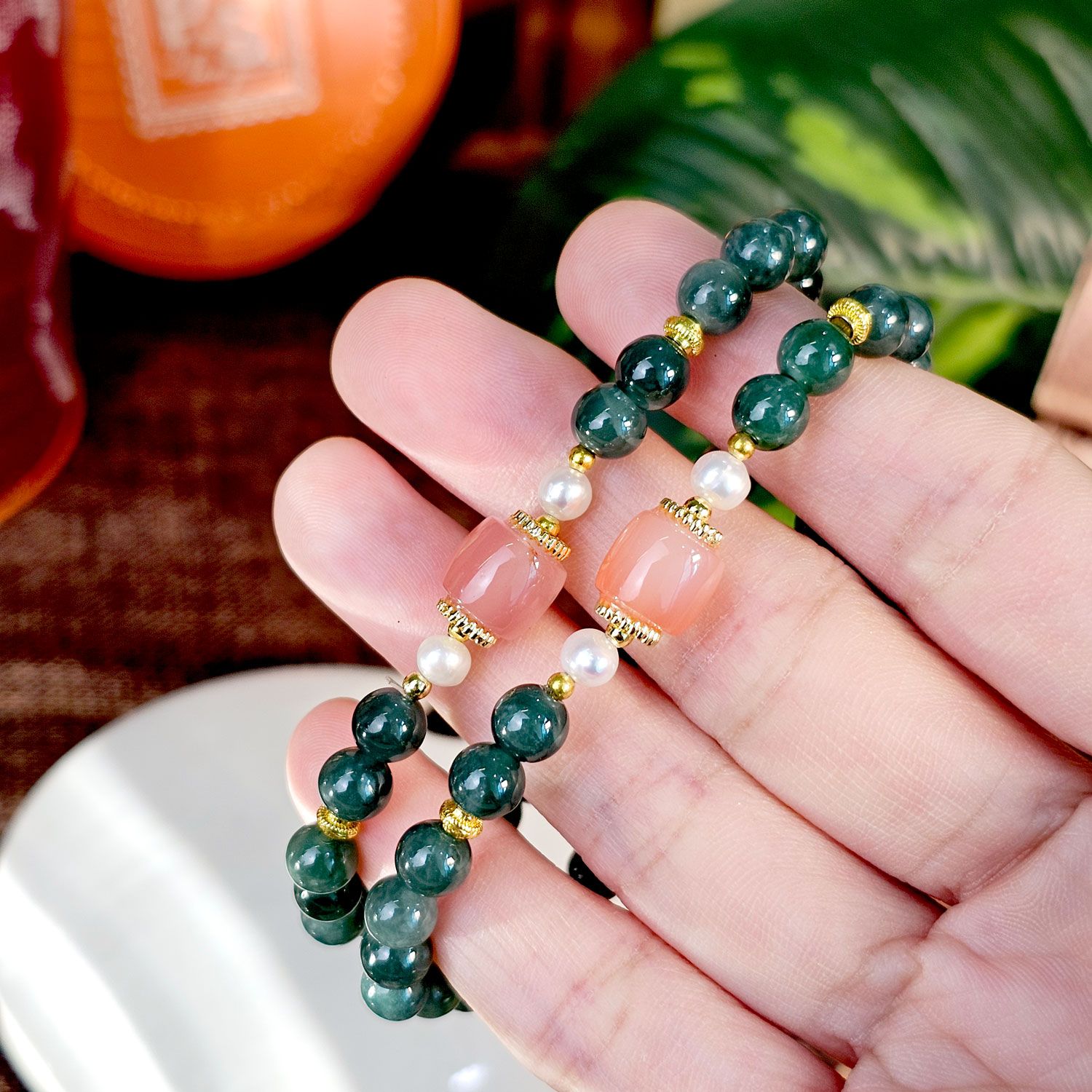 6mm 危地马拉蓝水翡翠搭配盐源玛瑙设计款手链