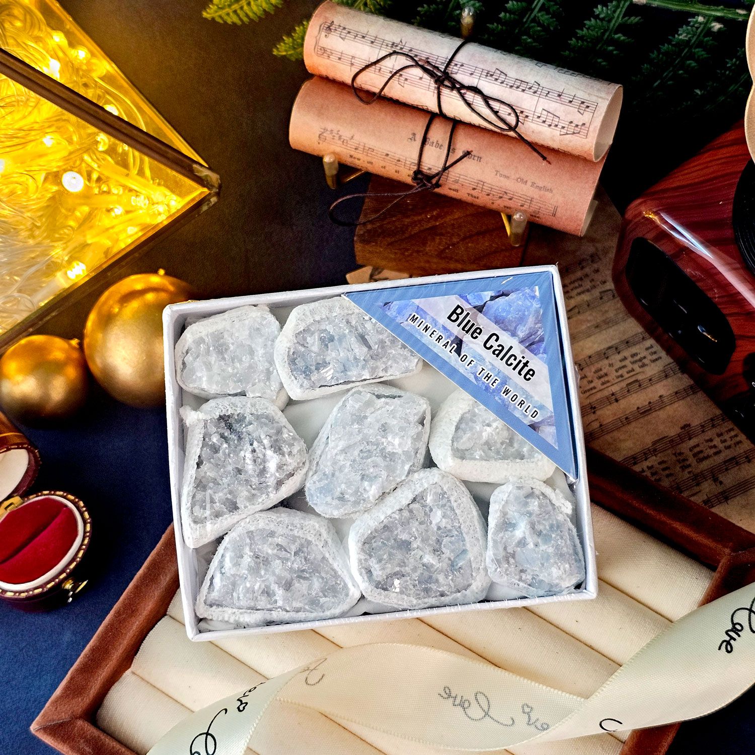 蓝方解石原矿收藏盒(小)