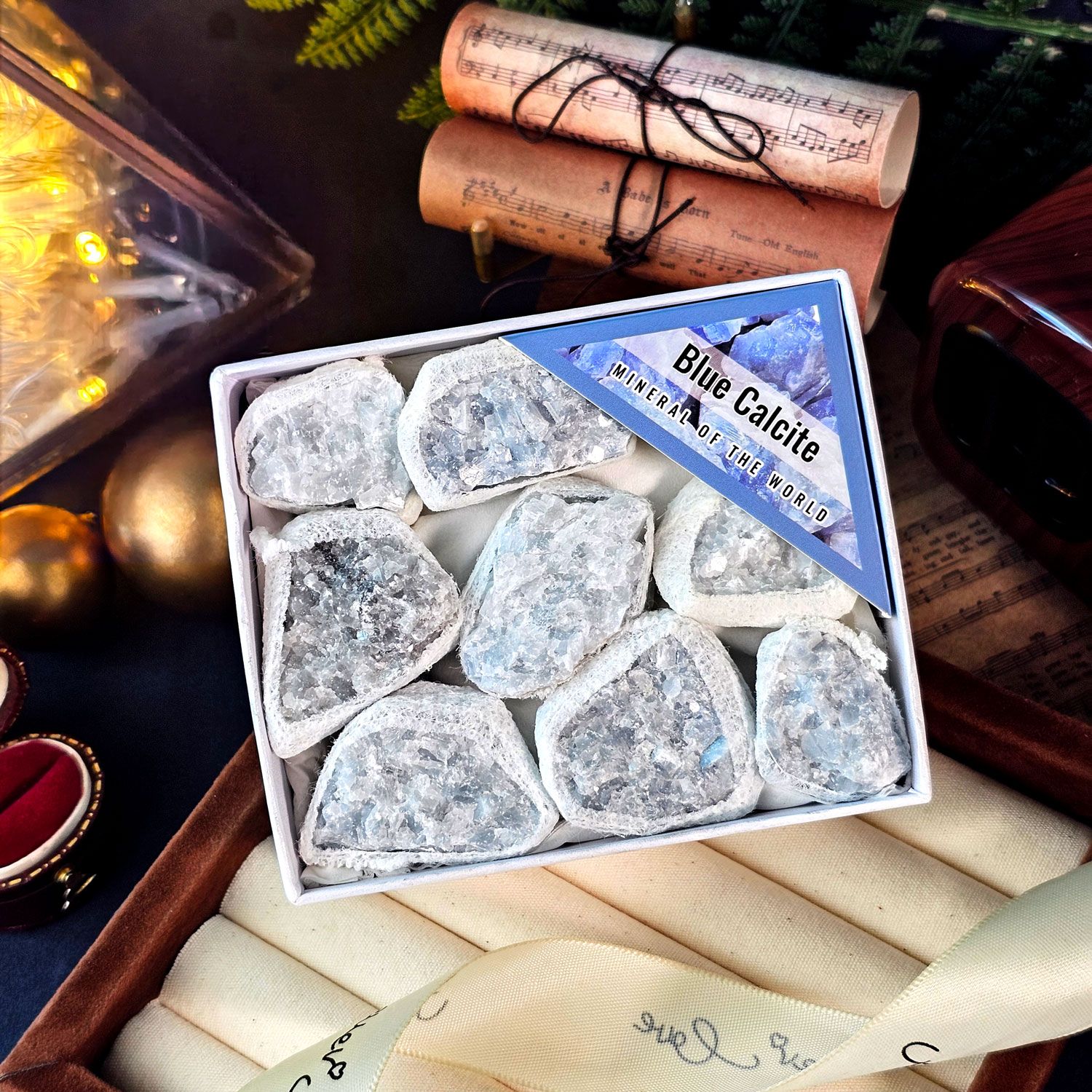 蓝方解石原矿收藏盒(小)